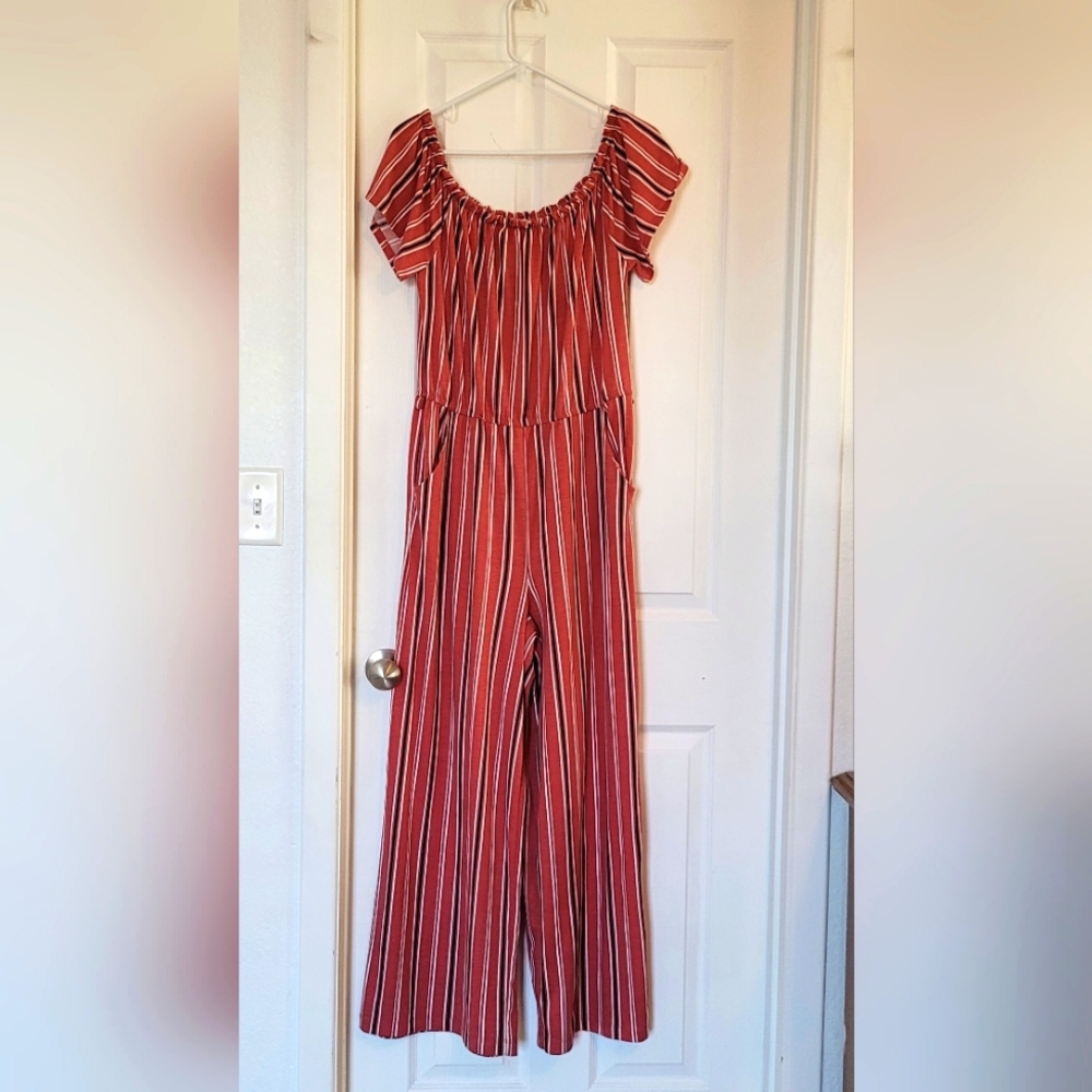 Derek Heart orange and black off shoulder jumpsuit
